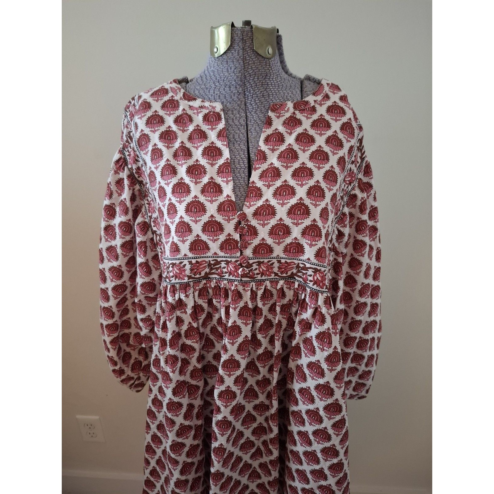 Becasa Dress Womens M/L Burgundy Pink Floral Block Print Cotton Boho Euc — image 2 of 8
